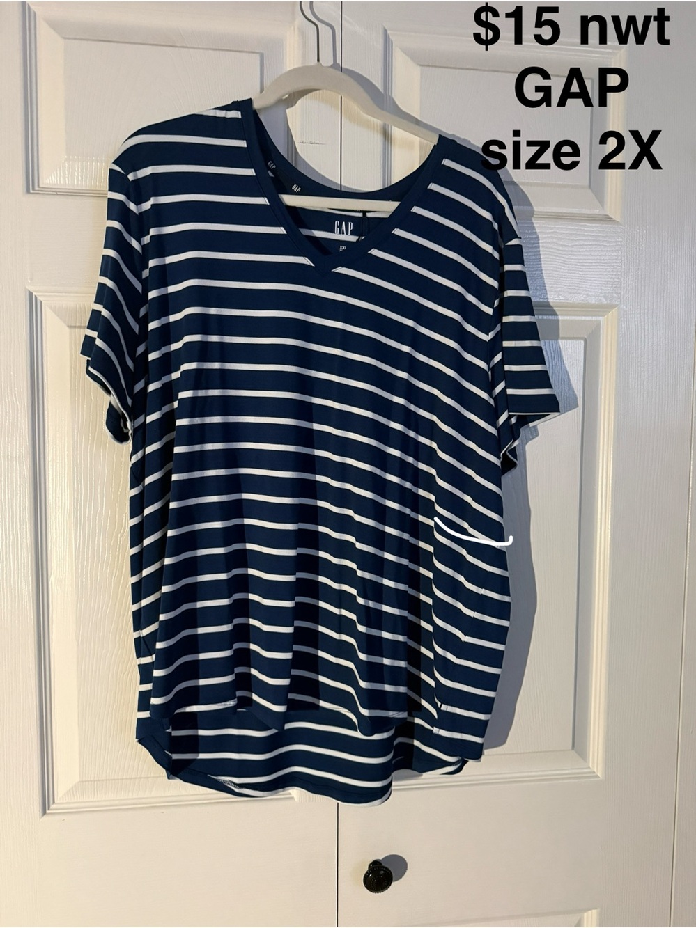 GAP Navy and White Striped V-Neck Tee